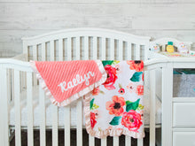 Load image into Gallery viewer, Coral Floral Personalized Lovey Blanket with Satin Ruffle