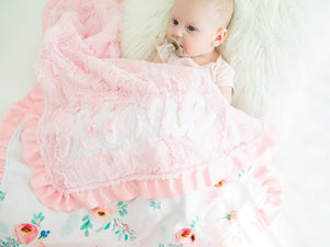 Personalized Light Pink Fur Floral Blanket with Satin Ruffle