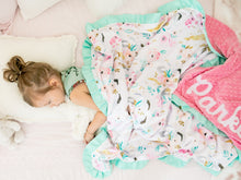 Load image into Gallery viewer, Pink Unicorn Personalized Minky Blanket with Satin Ruffle