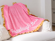 Load image into Gallery viewer, Rainbow Baby Personalized Minky Blanket with Gold Satin Ruffle
