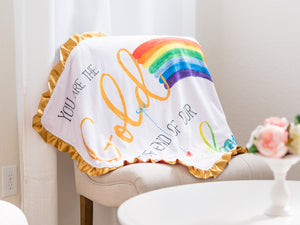 Rainbow Baby Personalized Minky Blanket with Gold Satin Ruffle