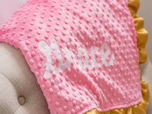 Load image into Gallery viewer, Rainbow Baby Personalized Minky Blanket with Gold Satin Ruffle