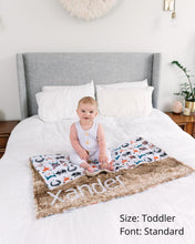 Load image into Gallery viewer, Woodland Animals Baby Blanket with Personalized Name and Brown Fawn Minky