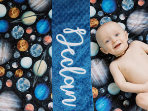 Blue Space Themed Personalized Baby Boy Blanket
