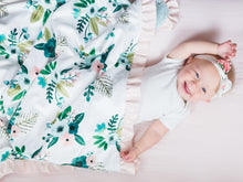 Load image into Gallery viewer, Aqua Coral Floral Baby Girl Minky Blanket with Satin Ruffle