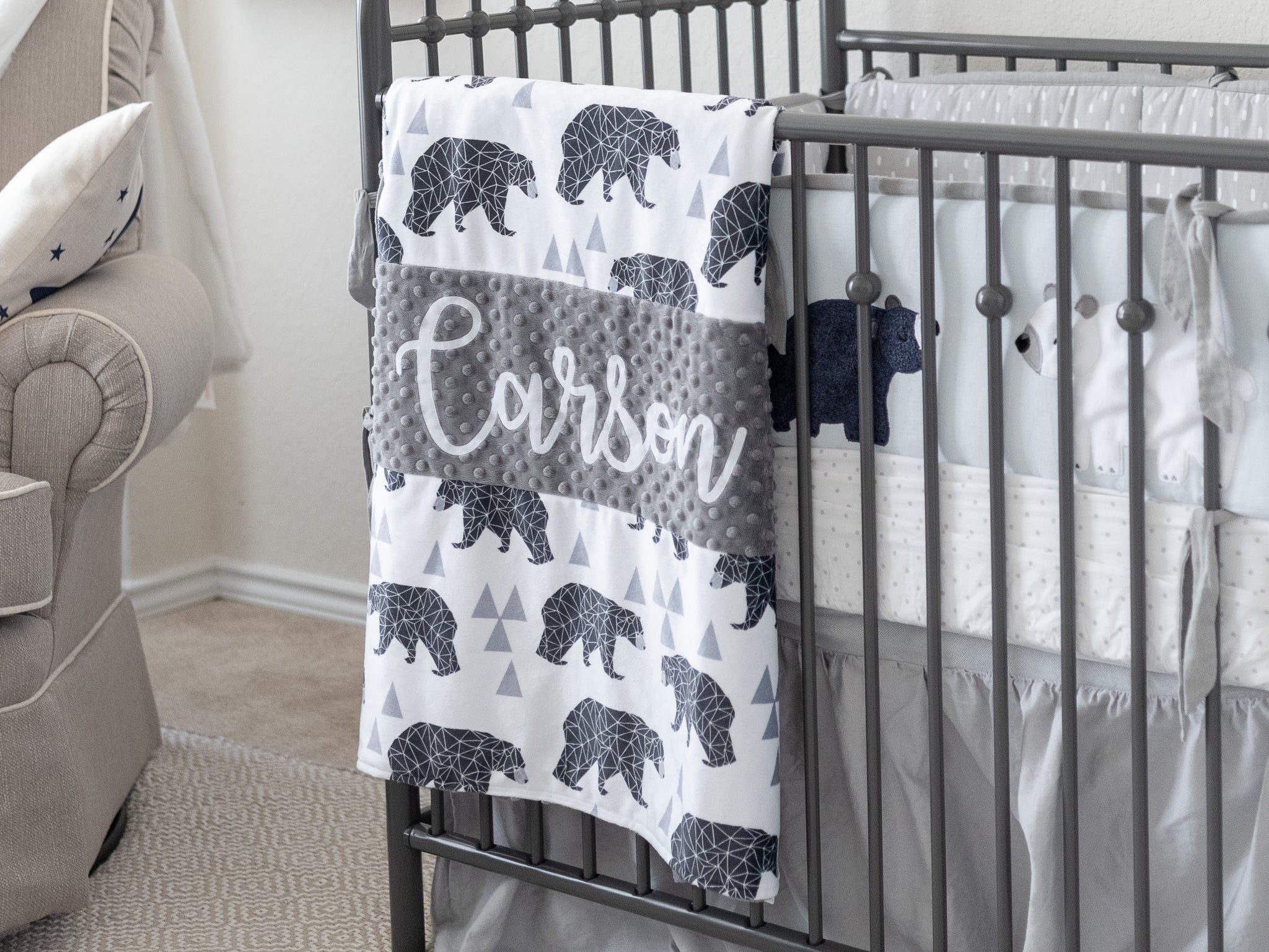 Gray Woodland Bear Personalized Baby Boy Blanket – Libby Ann Quilts
