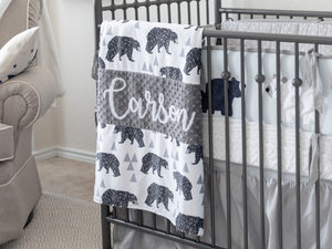 Gray Woodland Bear Personalized Baby Boy Blanket