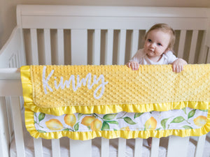 Yellow Lemons Baby Girl Blanket with Satin Ruffle