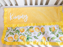 Load image into Gallery viewer, Yellow Lemons Baby Girl Blanket with Satin Ruffle