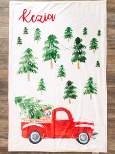 Personalized Christmas Blanket with Vintage Red Truck and Tree