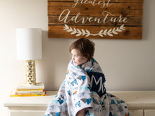 Load image into Gallery viewer, Adventure Awaits Navy Blue Personalized Baby Boy Blanket