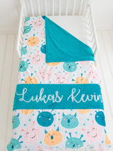 Load image into Gallery viewer, Teal Monsters Personalized Baby Boy Blanket