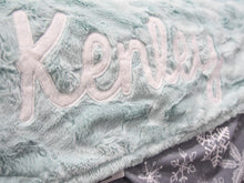 Load image into Gallery viewer, Gray Snowflakes Minky Blanket with Personalized Name
